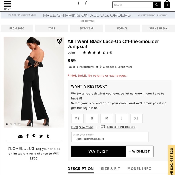 NWT Lulu’s black lace up off-the-shoulder jumpsuit - Picture 5 of 5